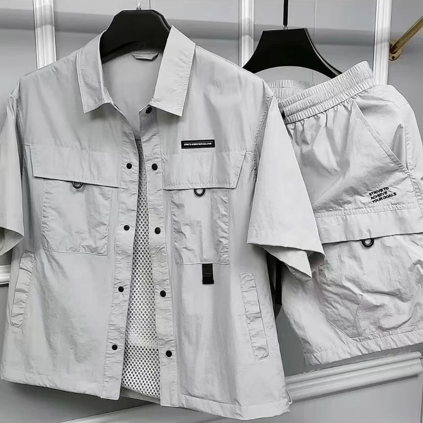 新款高品质男士翻领休闲短袖短裤套装