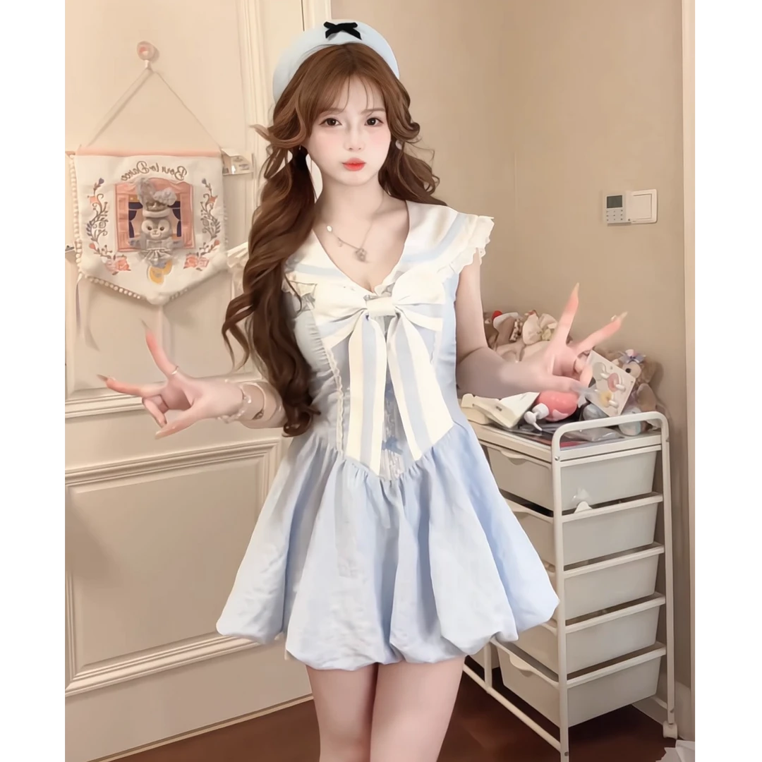 冰淇淋 纯欲甜美海军领无袖连衣裙女夏季设计感收腰蓬蓬花苞短裙