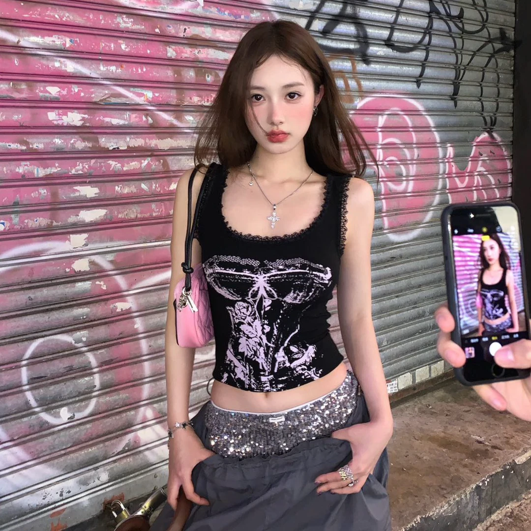 人棉印花背心自带固定杯垫