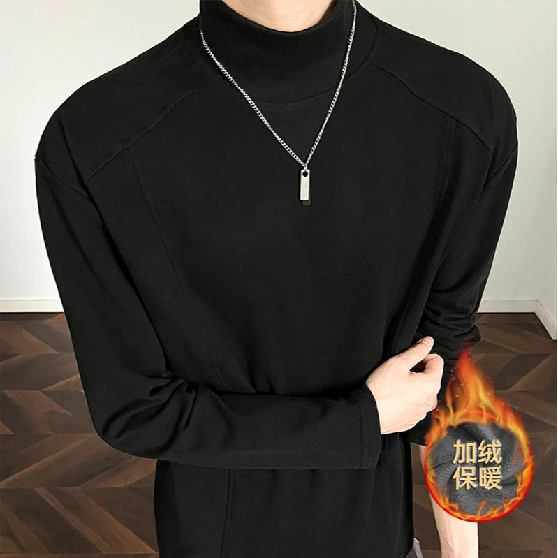 毛茸茸加绒加厚拼接长袖t恤美式双面德绒打底衫男秋冬半高领卫衣