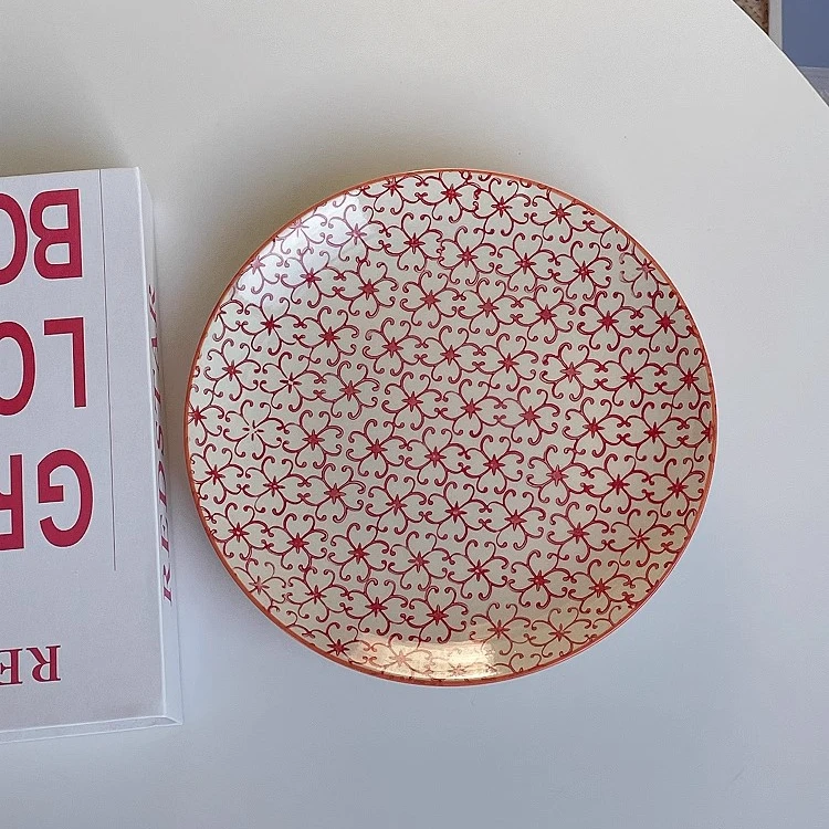 外贸尾单复古风陶瓷盘子古典红色花盘釉下彩小吃盘甜品盘早餐盘
