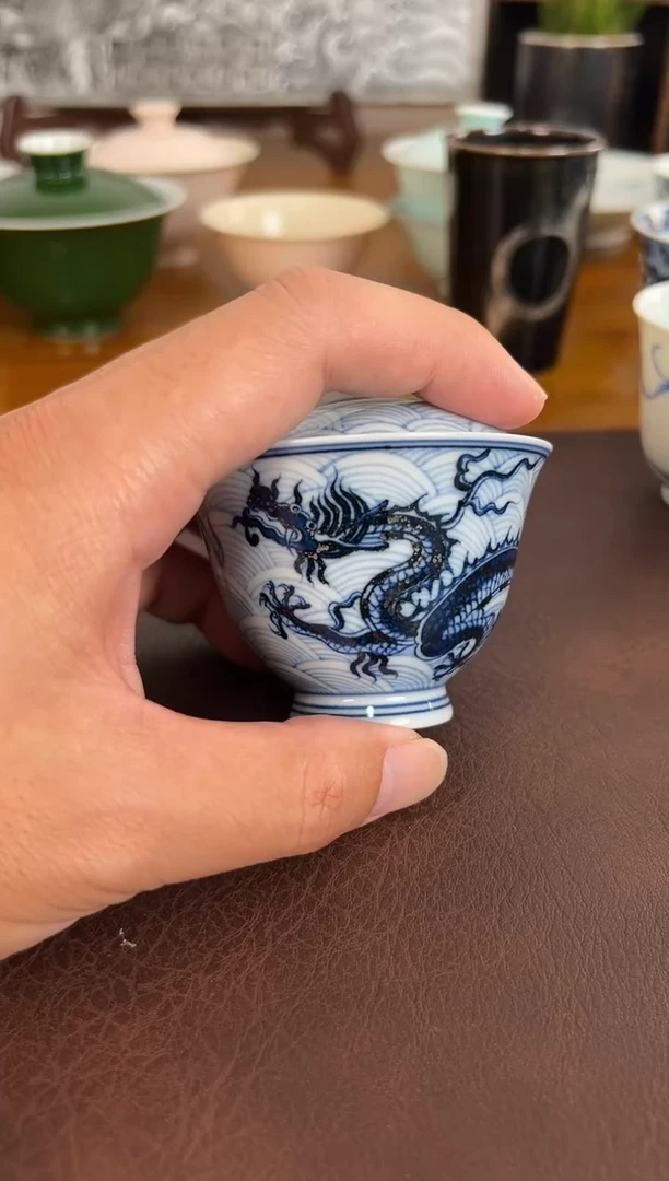 照夜白青花淡海水龙迷你盖碗