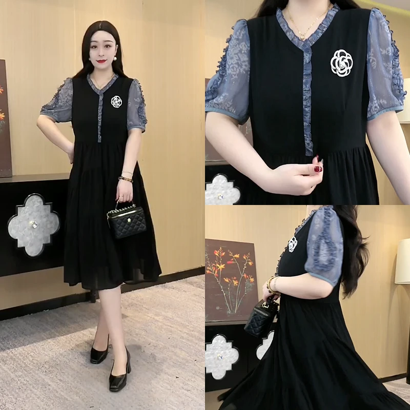 大码定制女装时尚气质连衣裙夏季短袖碎花拼接裙子250885