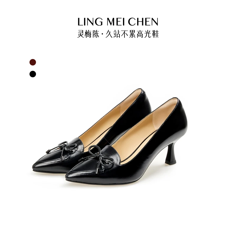 【系蝴蝶半深口】牛皮黑色复古优雅尖头贵气半深口舒适灵梅陈高跟鞋