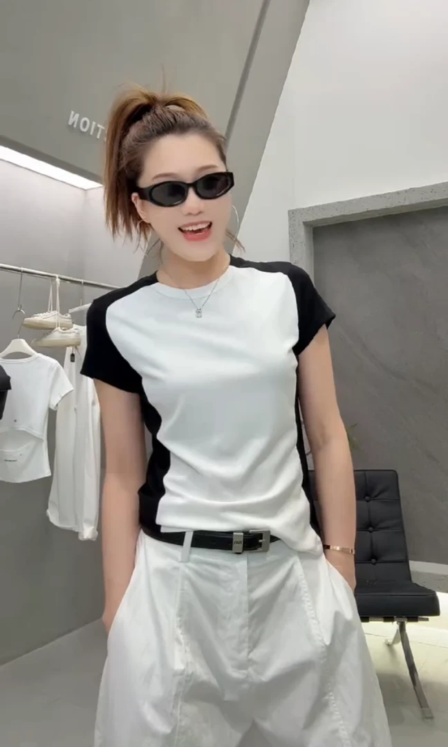 欧货2025夏季新款时髦休闲百搭撞色修身显瘦圆领短袖T恤上衣女