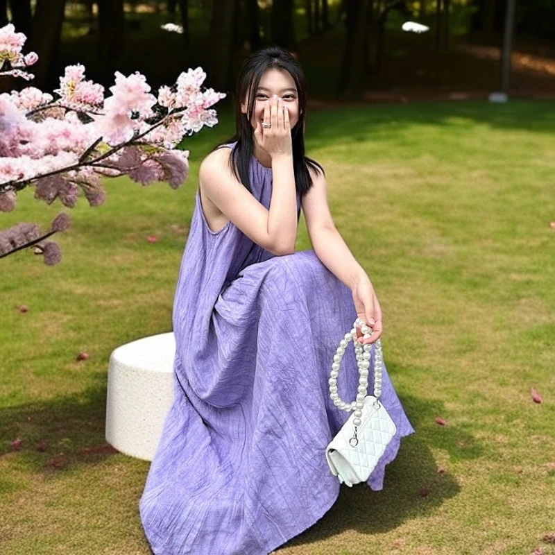 紫色亚麻无袖背心连衣裙女2025年夏季新款挂脖褶皱设计长裙连衣裙