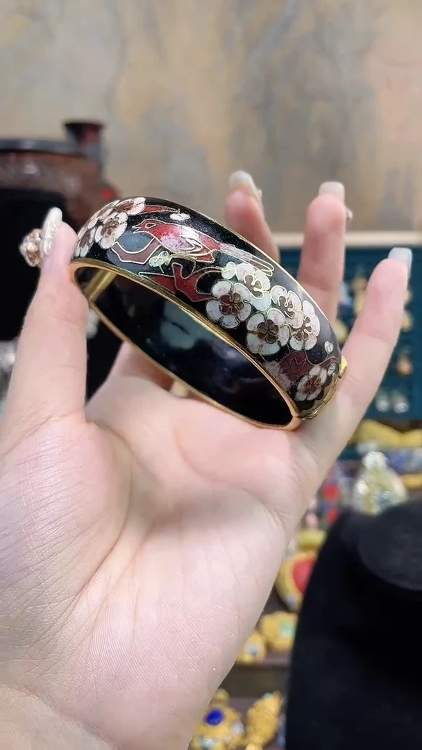 非遗手工景泰蓝开口银蓝镯子黑色