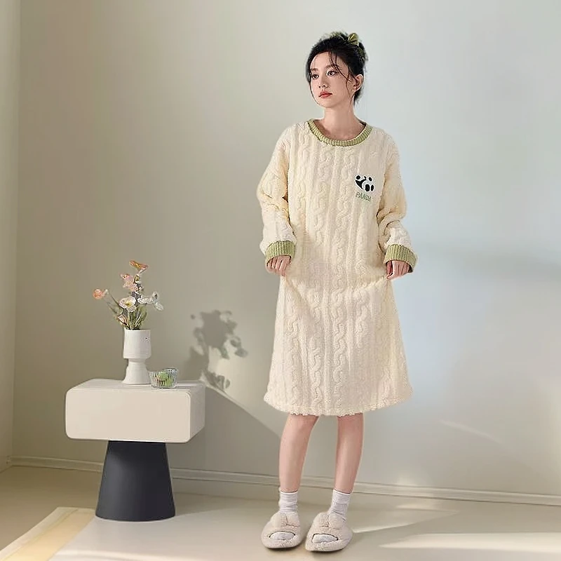 韩纷蝶秋冬季女士睡裙提花绒保暖可爱睡衣长毛绒可外穿睡裙1002