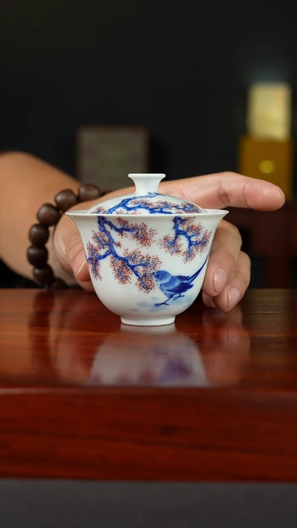祖传窑 花鸟点红两才盖碗 真柴窑传承400年