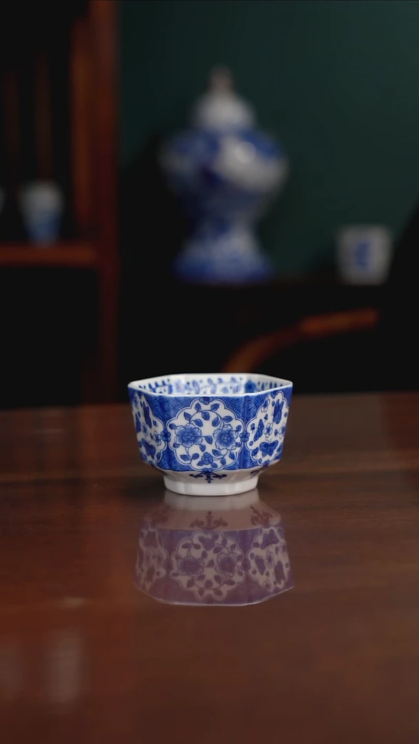 晓月窑青花六方杯