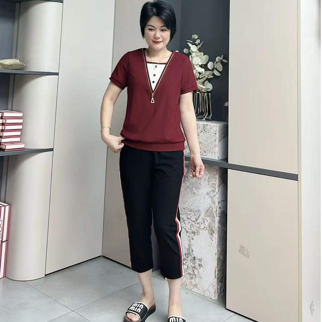 98557新款假两件中年妈妈时尚套装卡卡非凡服装夏季显瘦