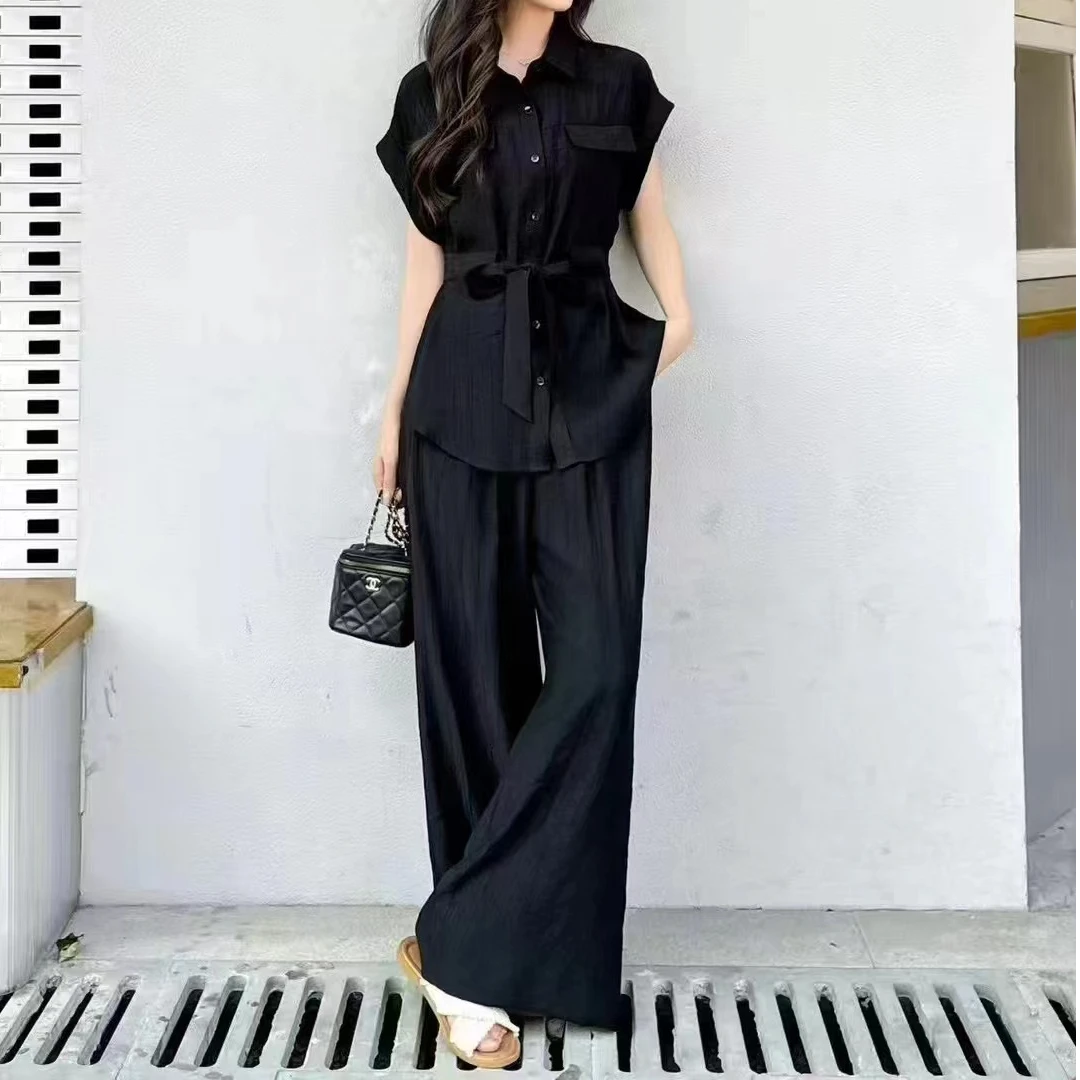 2510新款初夏季爆款女士短袖三喷格纽扣开衫腰带套装休闲透气薄款