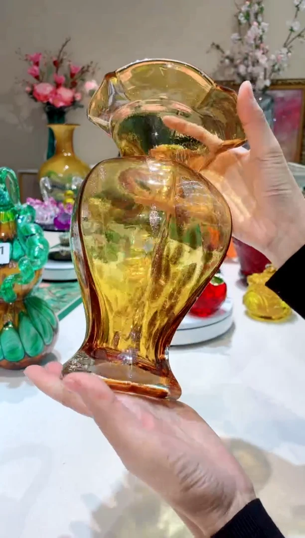 【闪购商品】琉璃手工艺品高款金色透明芬顿花瓶   微瑕