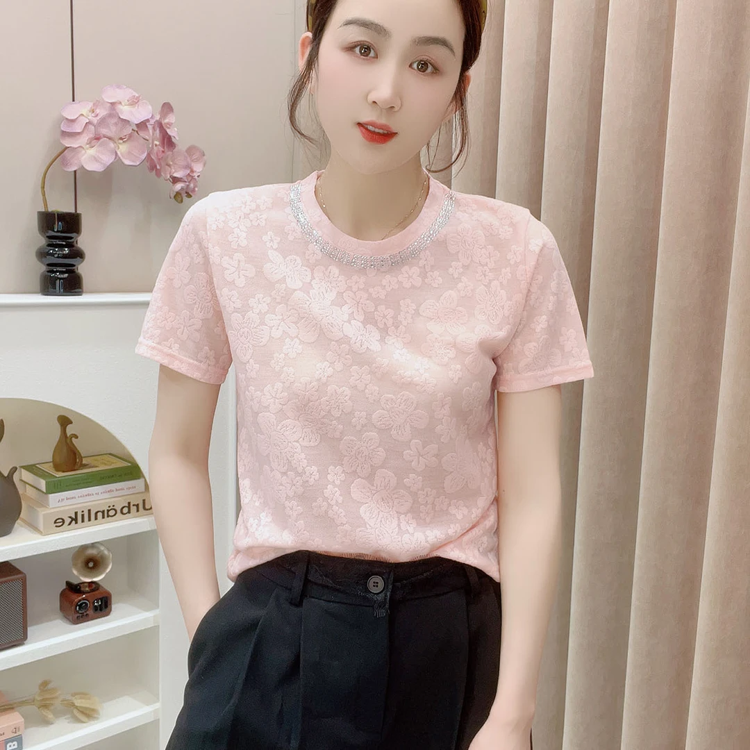 鑫坷春夏款圆领蕾丝提花显瘦气质时尚百搭短袖打底上衣女811