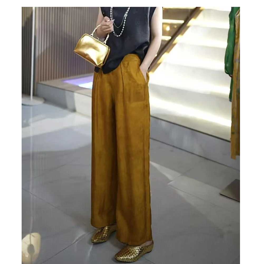 高端女装百搭时尚香云纱双色双穿阔腿宽松女士直筒裤九分裤W69101