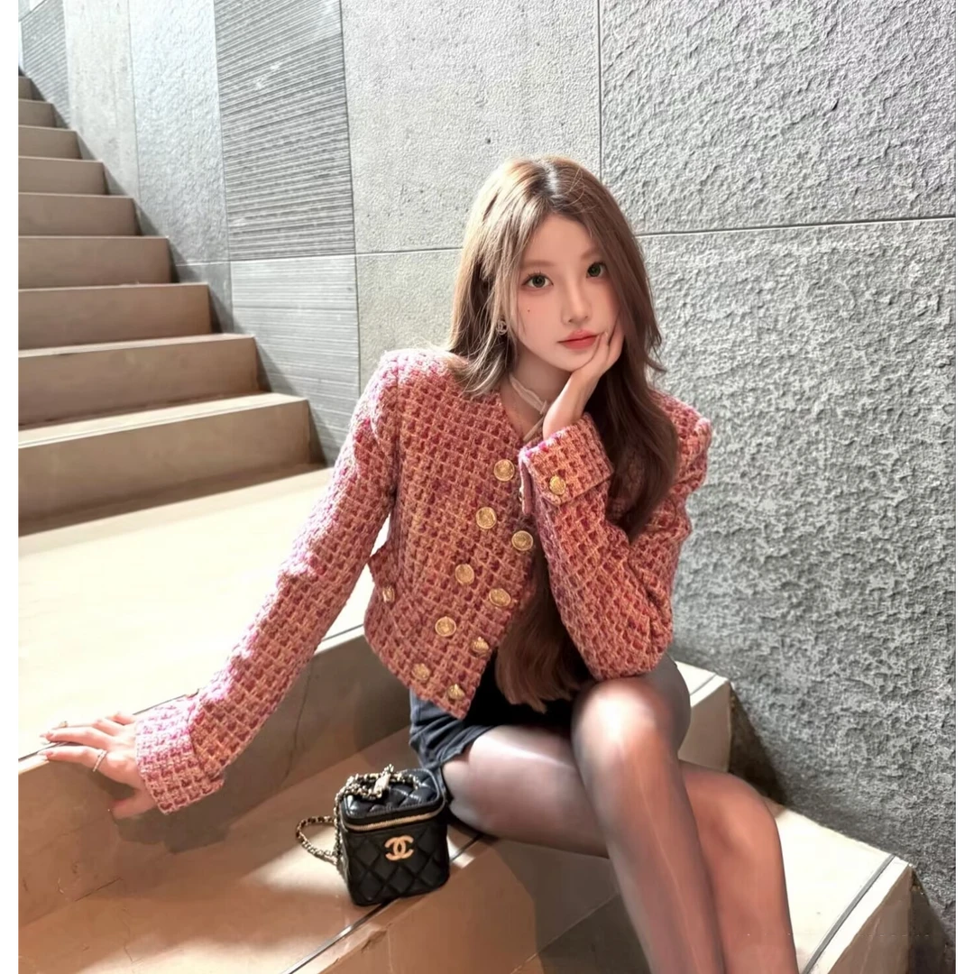 小香风外套女秋季2025新款名媛气质高级感千金双排扣短款夹克上衣