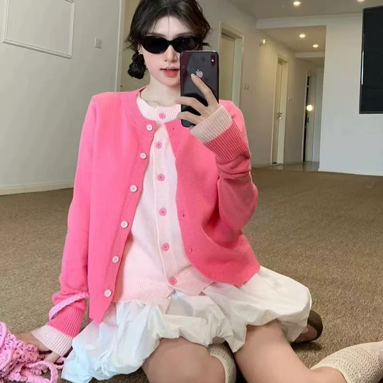 甜美风粉色拼接假两件针织衫女款春季外穿设计感宽松短款毛衣开衫