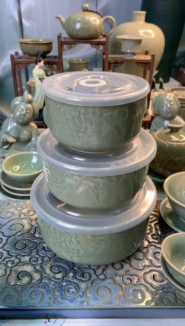 耀州窑微瑕 大中小号 保鲜盒【整套】 带盖900010