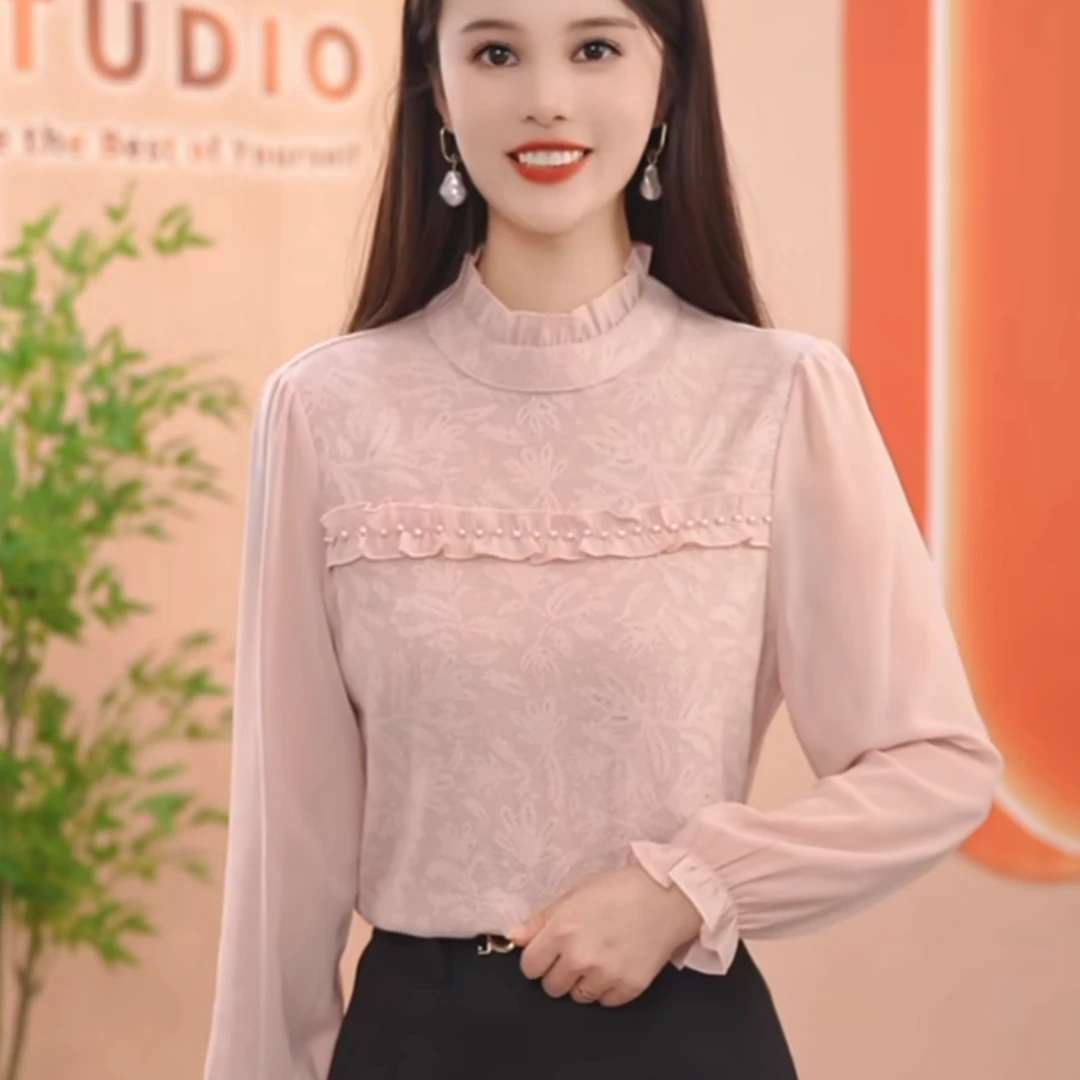 春季新款木耳领提花珠式气质长袖衬衣女显瘦百搭上衣