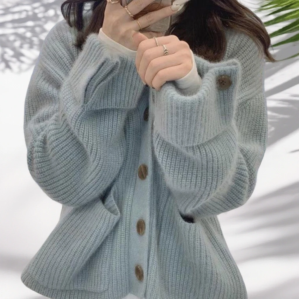 韩版v领软糯毛衣女秋冬新款单排扣宽松百搭慵懒甜美可爱风格衣服