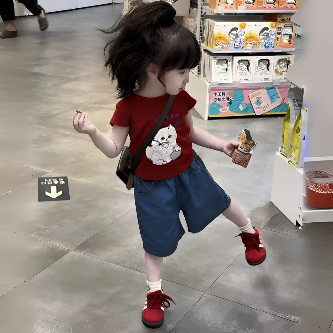 女童套装夏季2025新款洋气女宝宝夏装卡通短袖时髦牛仔短裤两件套