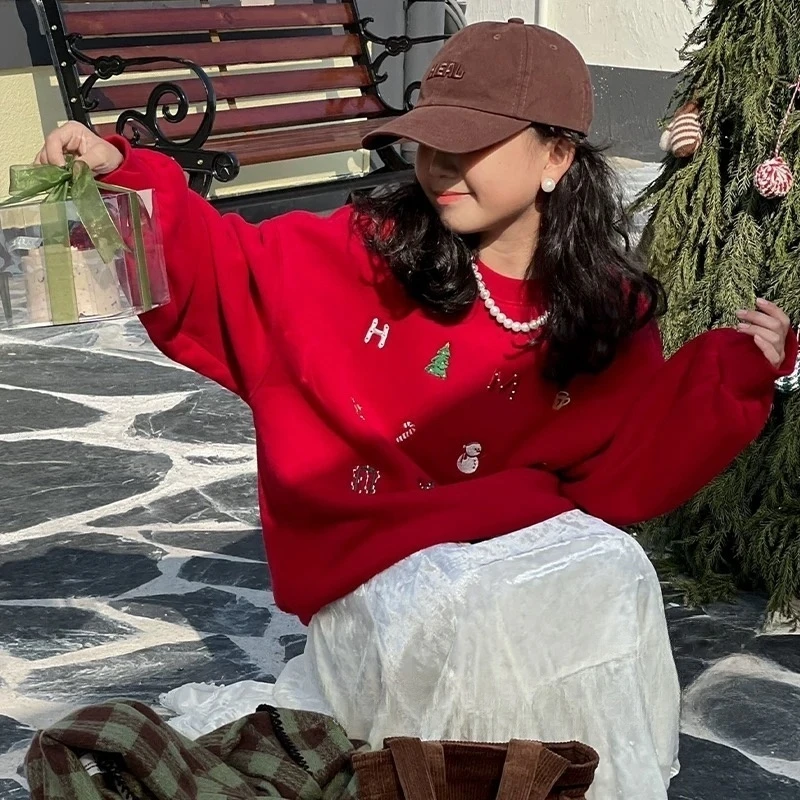 嘻【亲子装】女童圣诞冬装2024新款儿童加厚上衣韩版圆领套头针织衫