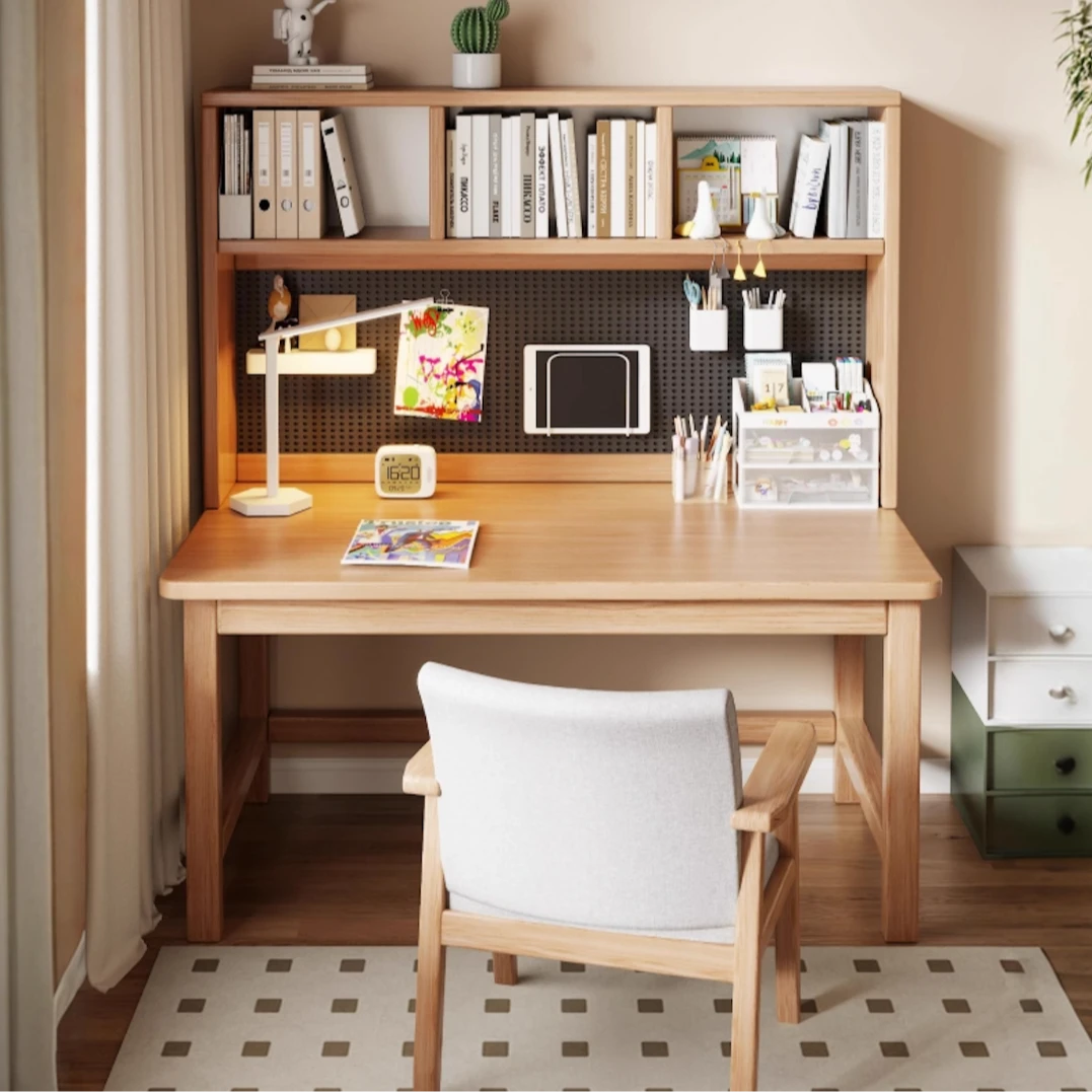 洞洞板书桌书架一体实木书桌书柜一体书桌学生专用12-18岁学习桌