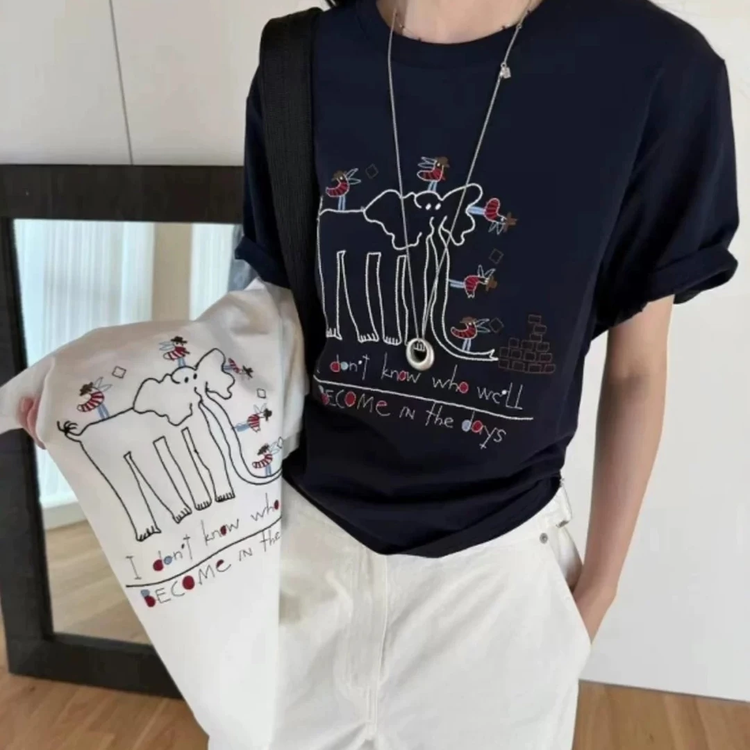 新款气质休闲百搭卡通大象图案短袖T恤T82399