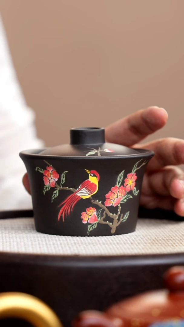 茶壶紫砂云雾天青盖碗泥绘红花鸟