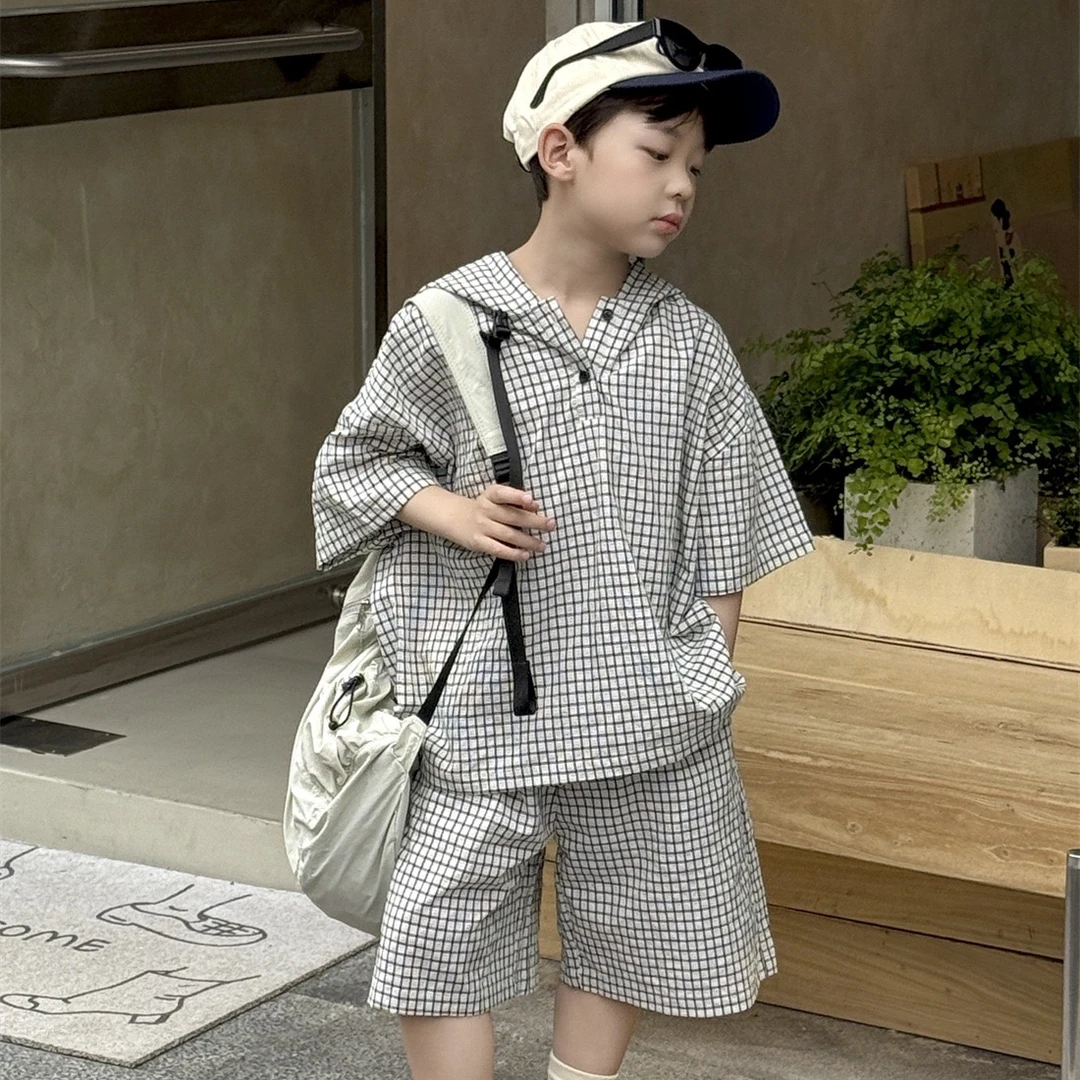 男童套装2025夏季新款儿童百搭宽松格子连帽纯棉透气休闲两件套潮