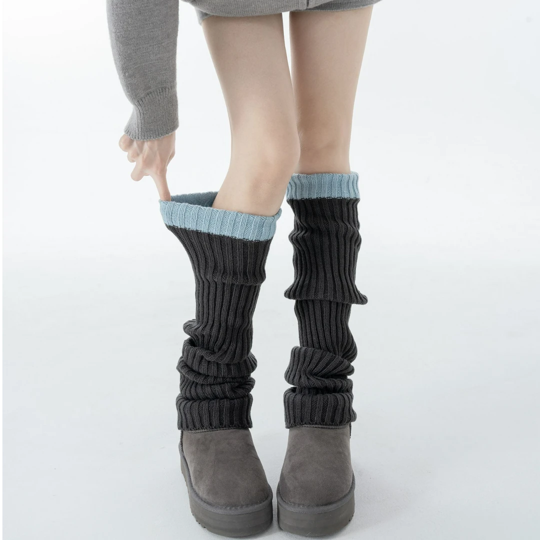 秋冬格雷灰加厚保暖腿套撞色拼接显瘦针织美拉德堆堆袜套配雪地靴