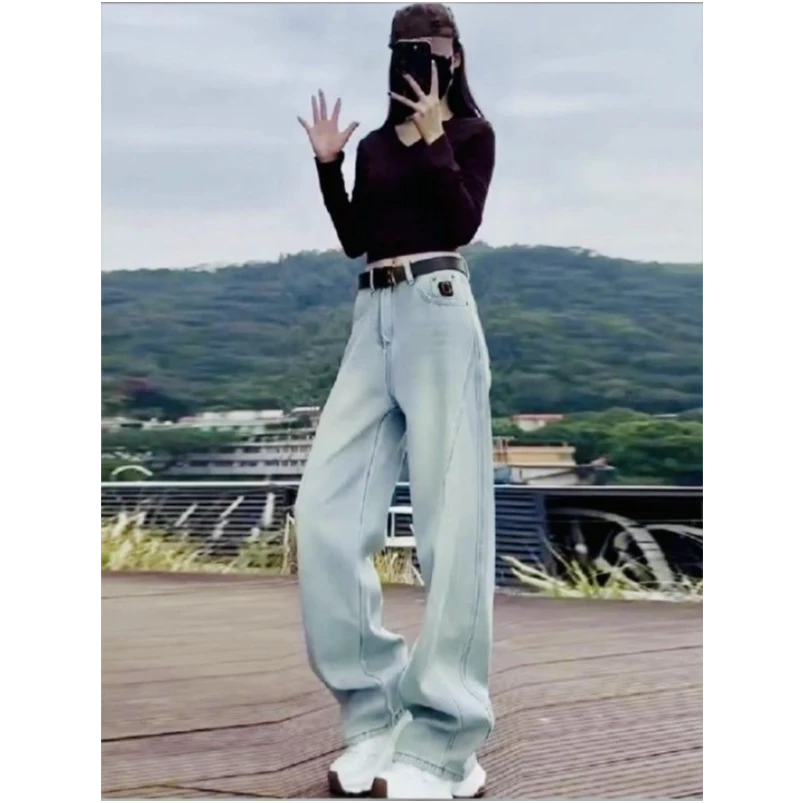 新款女士裤子女款爆款秋季女装直筒阔腿裤高腰显瘦宽松秋装牛仔裤