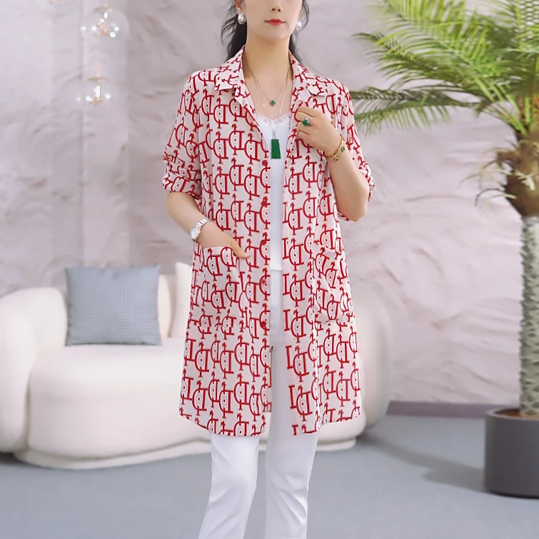 【小字母外套】春夏新款字母印染花色宽松衬衫丝滑垂顺开衫女上衣