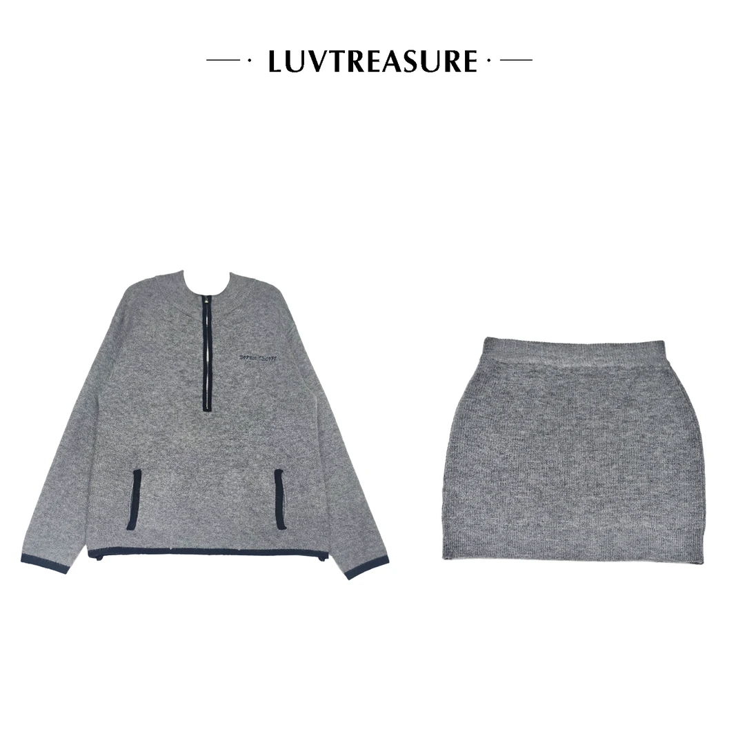 LTS慵懒风半拉链毛衣短裙套装4139