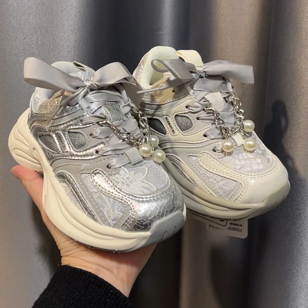 8313-33女童老爹鞋透气蕾丝珍珠儿童运动鞋女童鞋子单鞋童鞋软底