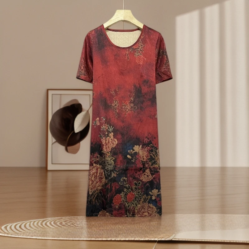 夏季新品!女士夏季圆领印花真丝连衣裙F813
