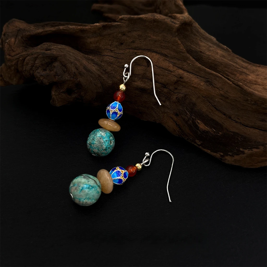 BTSP S925银针绿石文艺复古民族风设计撞色耳饰耳环