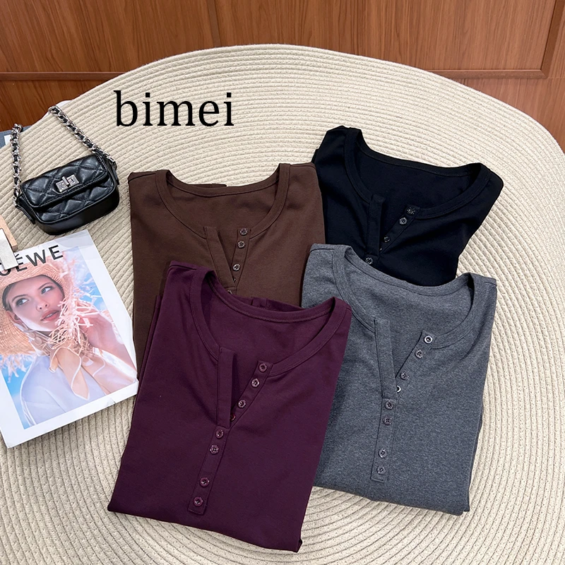 必魅-欧洲站减龄T恤纽扣V领长袖上衣打底衫2025秋季新款66593