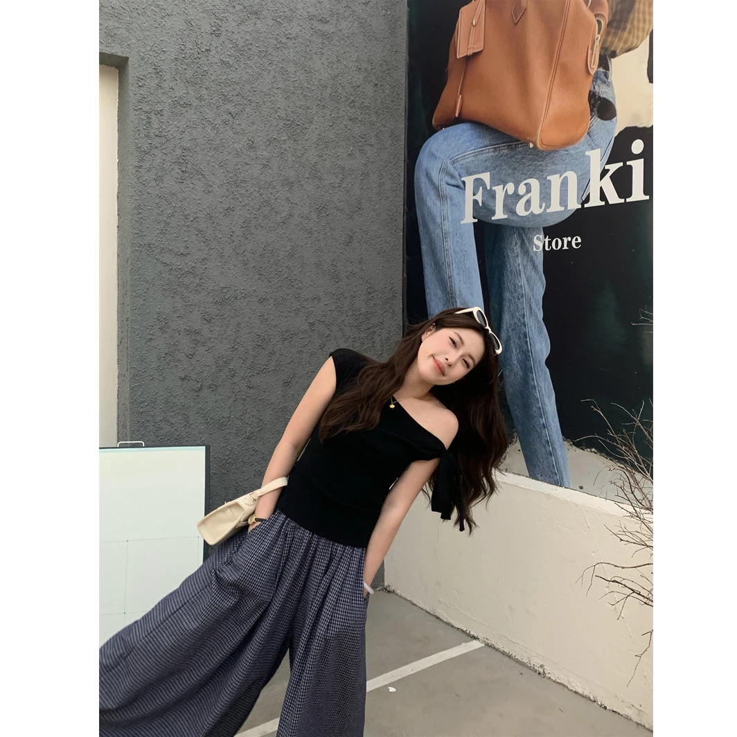 辣辣【三种穿法】韩系蝴蝶结绑带斜肩显瘦短袖T恤显 11012