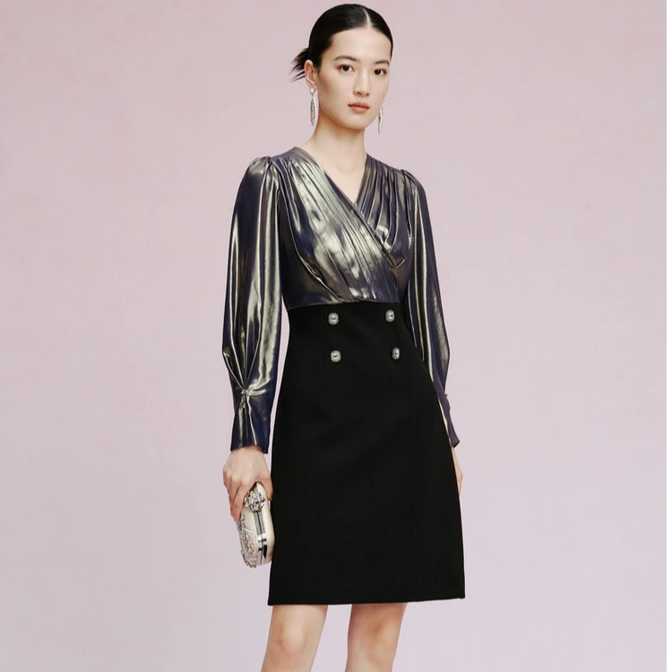 【婷婷专属】烫金羊腿袖定位压褶复古洋装连衣裙女