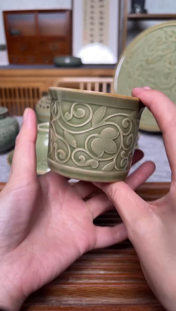 瓷器耀州窑唐草纹大缸杯  微瑕