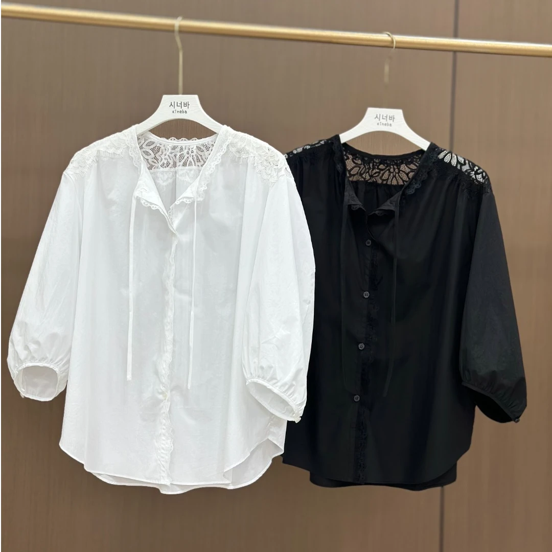 【xineba3】韩国女士甜美风蕾丝拼接系带领白衬衫七分袖百搭时尚