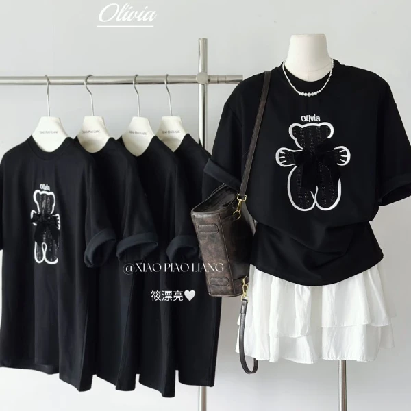时尚新款ins蝴蝶结小熊烫钻韩版宽松百搭款短袖T恤上衣2938#0.1