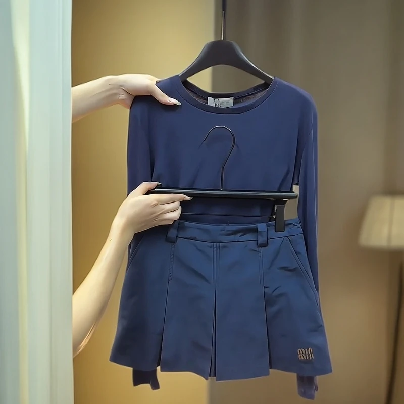 春装女2025年新款简约套装穿搭藏蓝色t恤连衣裙小个子时尚套装