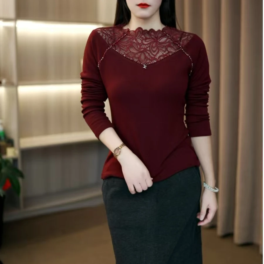 --百搭长袖蕾丝黑色秋冬半高领长袖修身T恤极简风修身型女士100