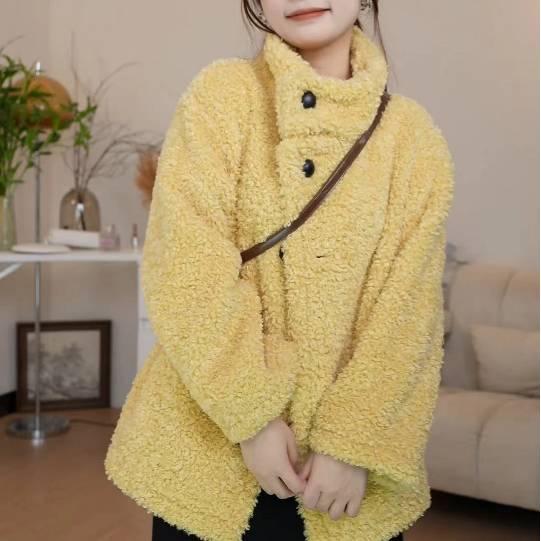 小个子羊羔绒毛毛厚外套短款女秋冬皮毛一体百搭韩版加厚黄色白色