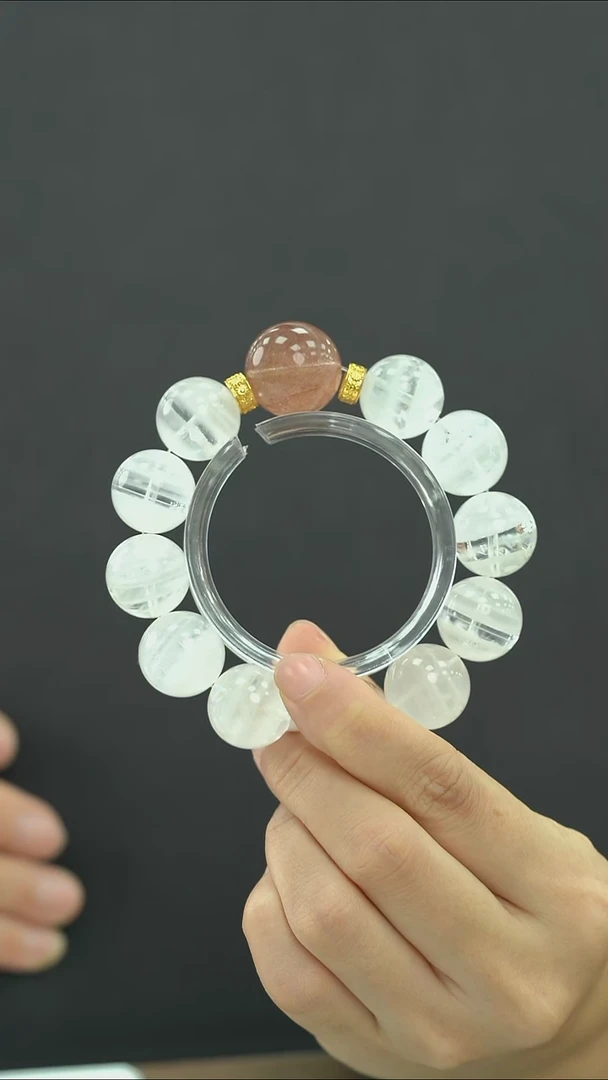 18K金镶嵌手串水晶天然白幽灵搭配红兔毛DIY手串