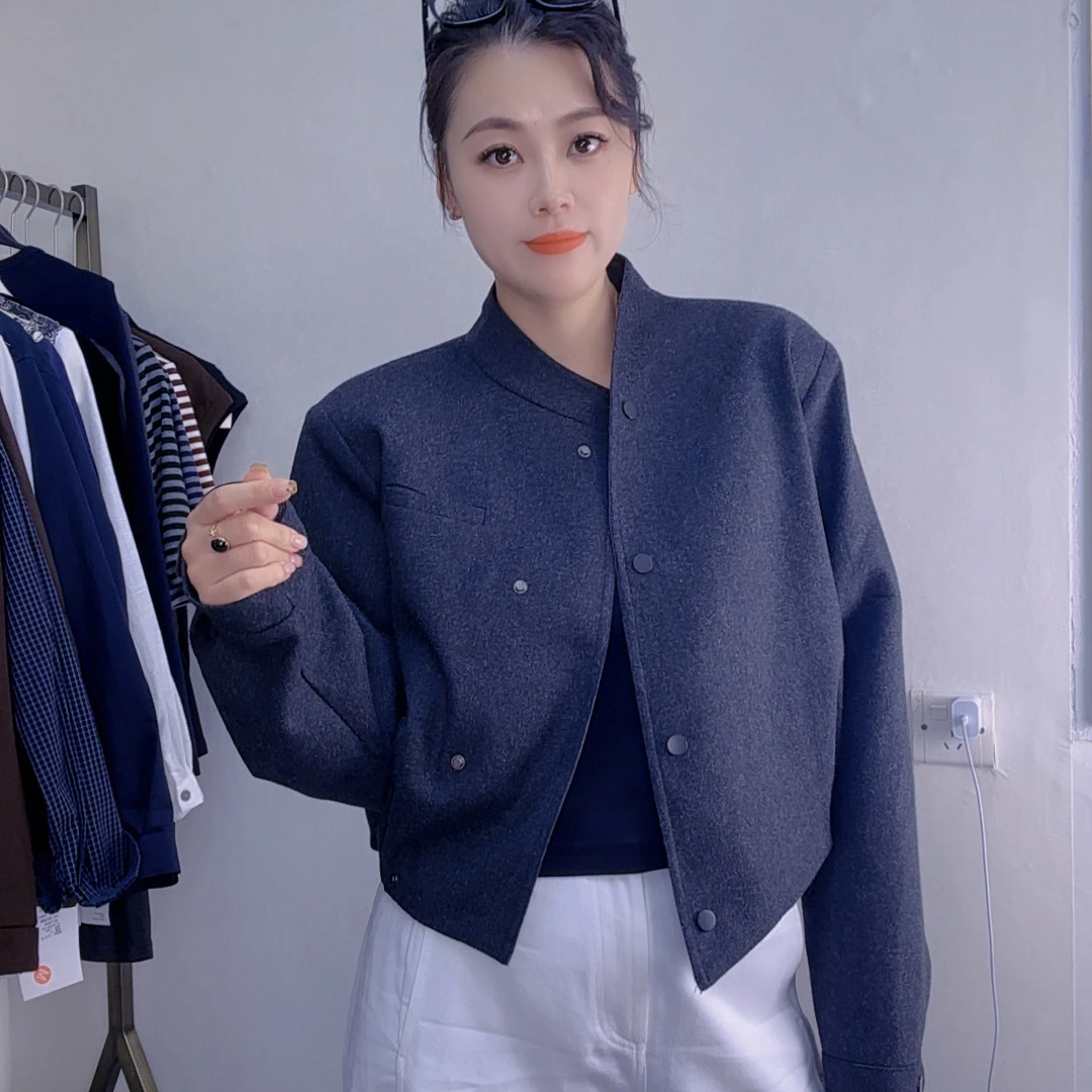 L S 设计师款羊毛外套 纽扣短款韩式毛呢外套女装简约气质立领