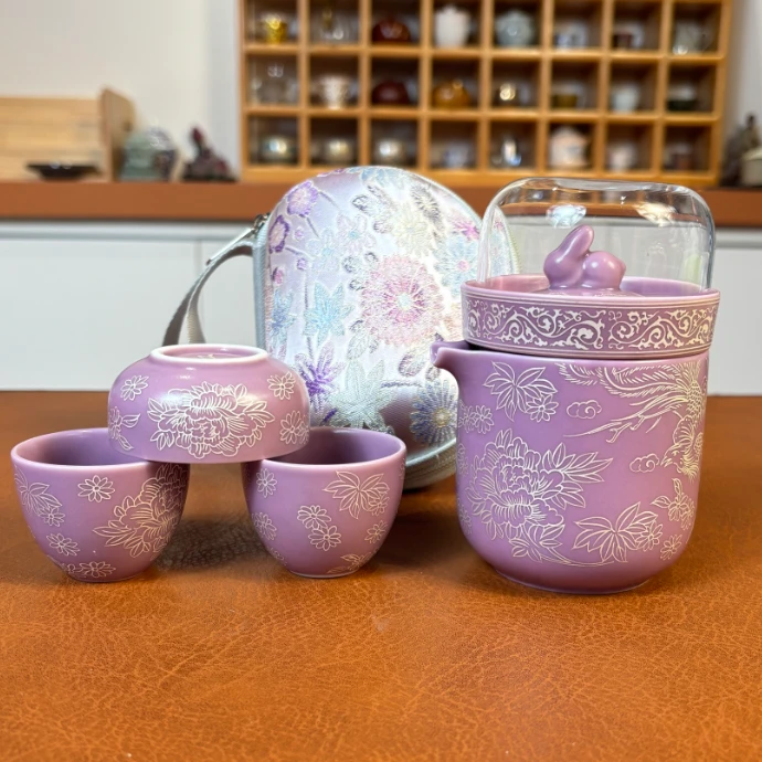 KK0791-掐丝银龙凤快客旅行茶具手工户外创意陶瓷带盖精致便携式