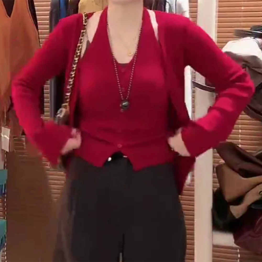 2025秋季新款时尚百搭简约气质毛针织两件套上衣C6214